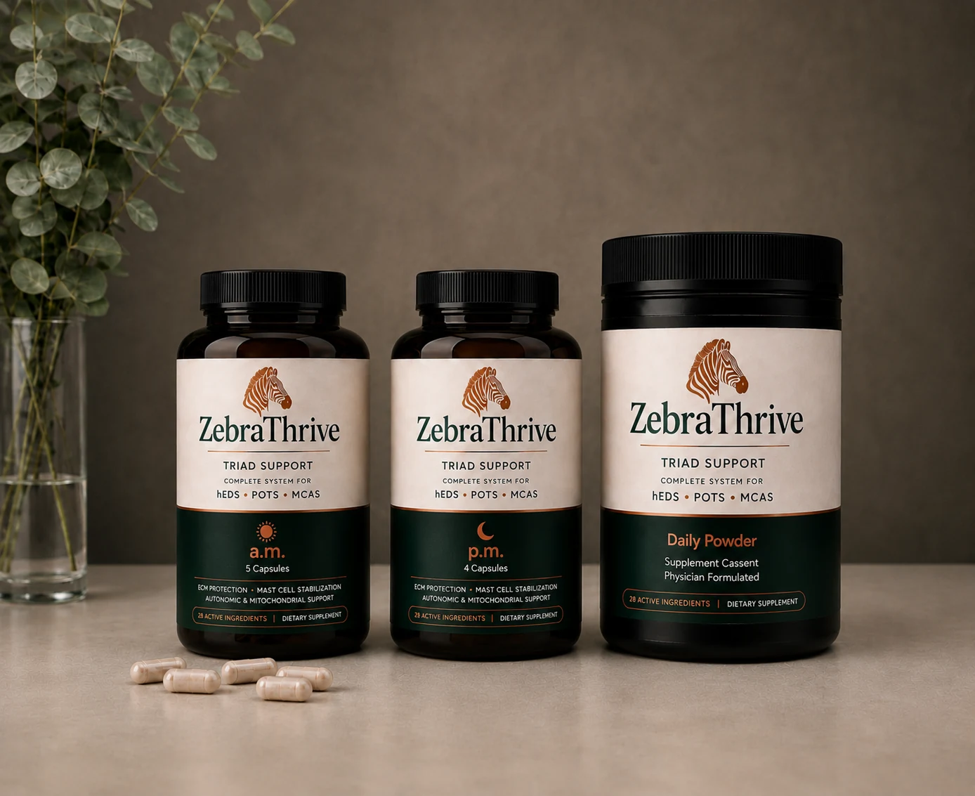 ZebraThrive Triad Support system: AM capsules, PM capsules, and Daily Powder for hEDS, POTS, and MCAS
